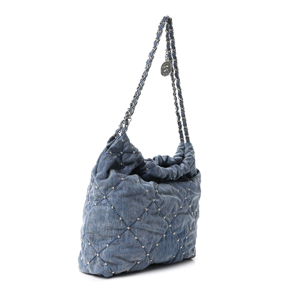 Washed Denim Quilted Studded Small Chanel 22 Blue