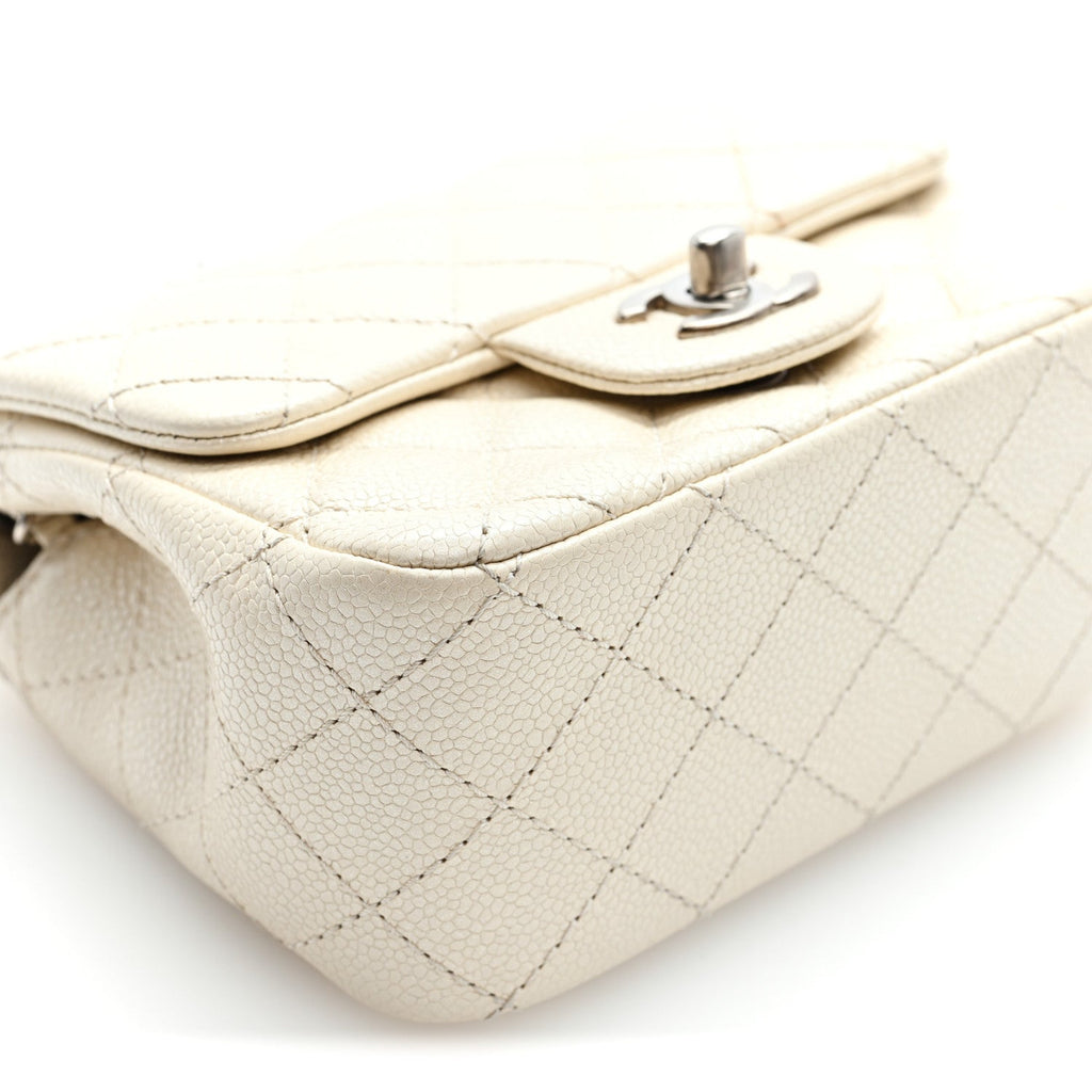 Iridescent Caviar Quilted Mini Square Flap White