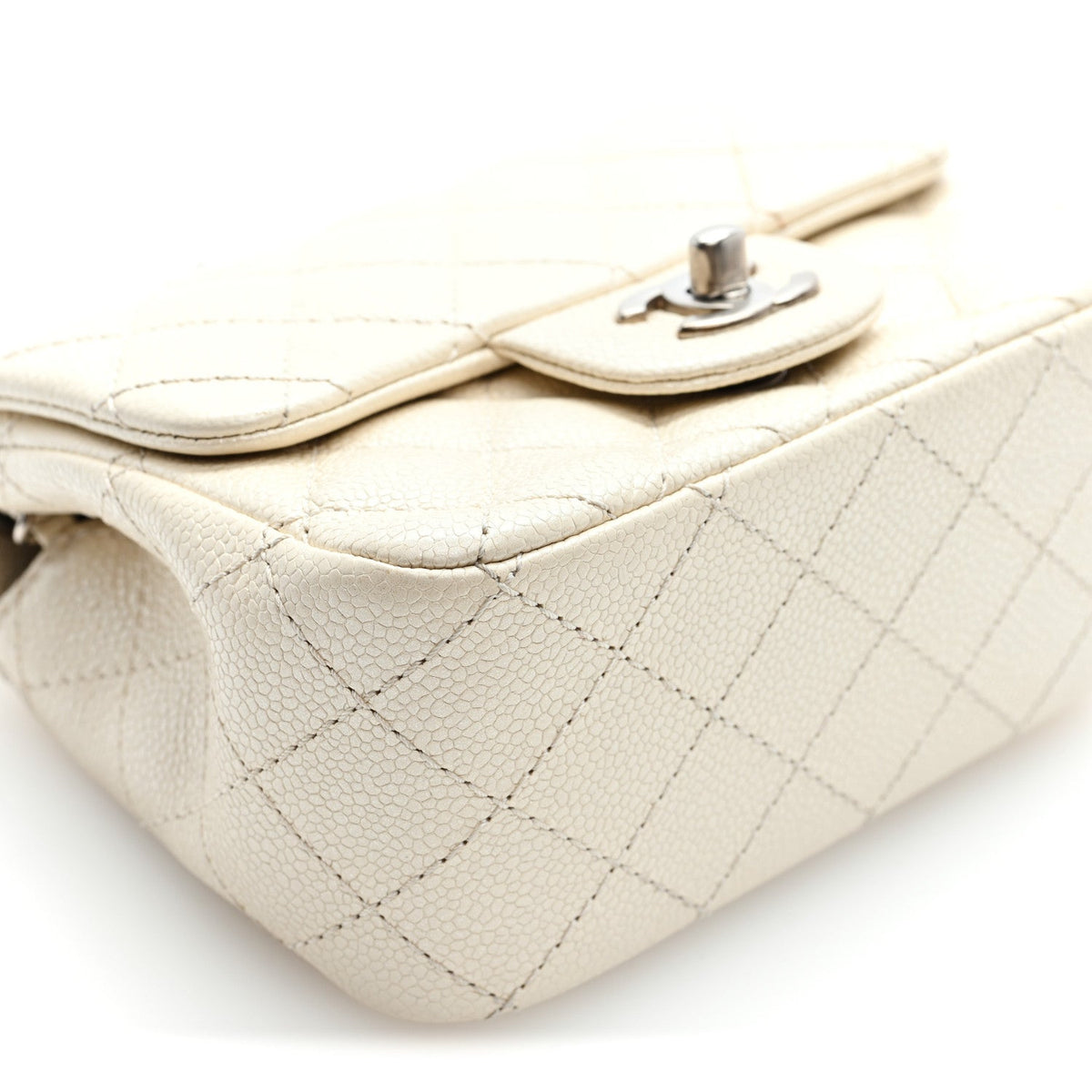 Iridescent Caviar Quilted Mini Square Flap White
