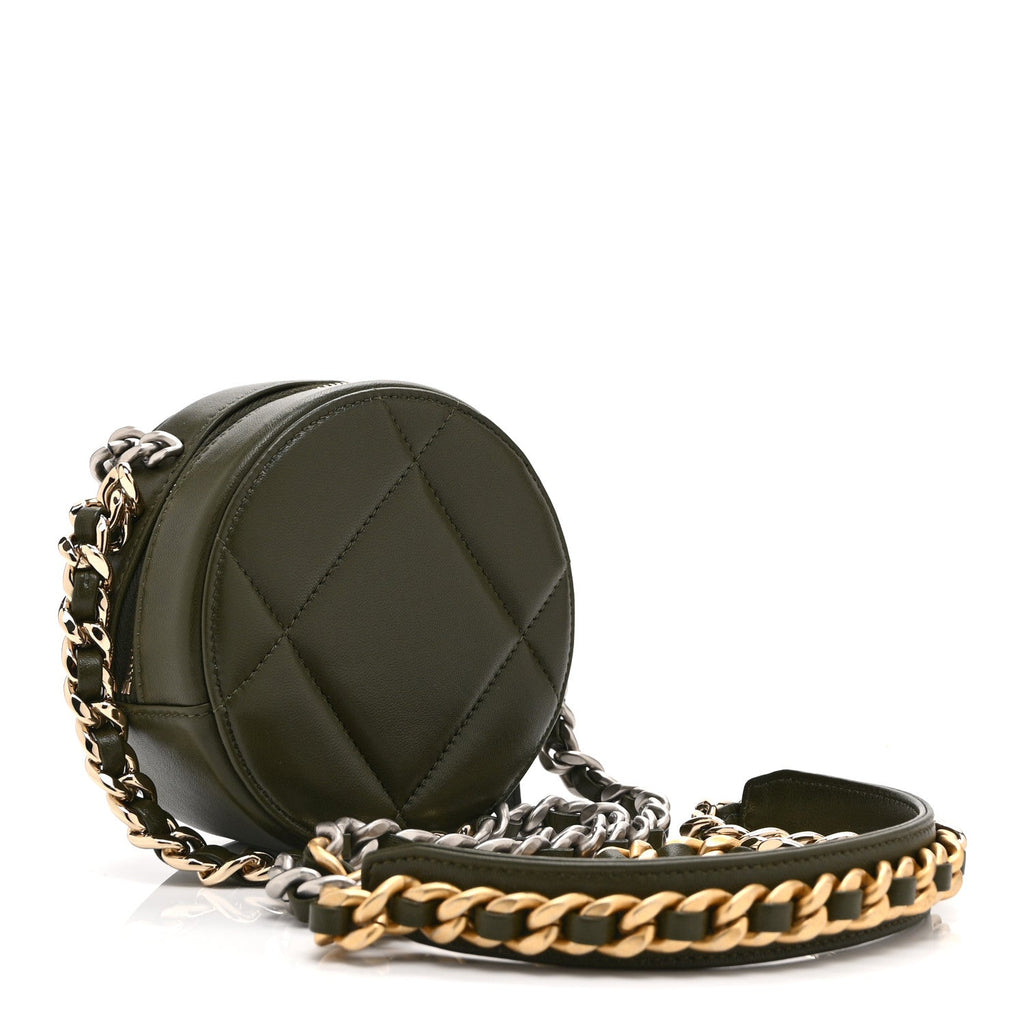 Lambskin Quilted Chanel 19 Round Clutch With Chain Green