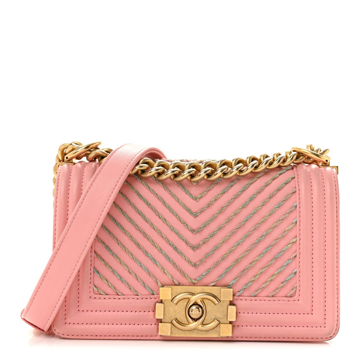 Calfskin Chevron Embroidered Small Boy By The Sea Flap Pink
