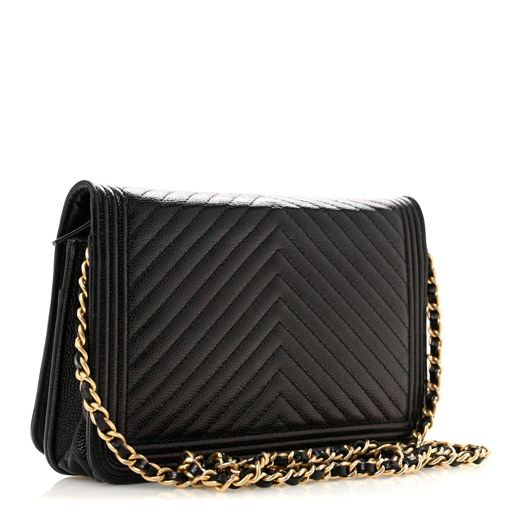 Caviar Chevron Quilted Boy Wallet On Chain WOC Black