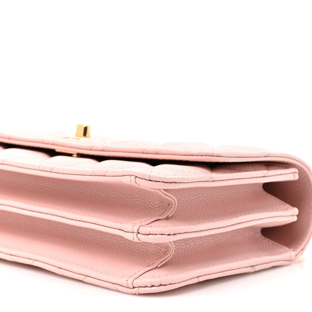 Shiny Caviar Quilted Flap Charm Wallet On Chain WOC Light Pink