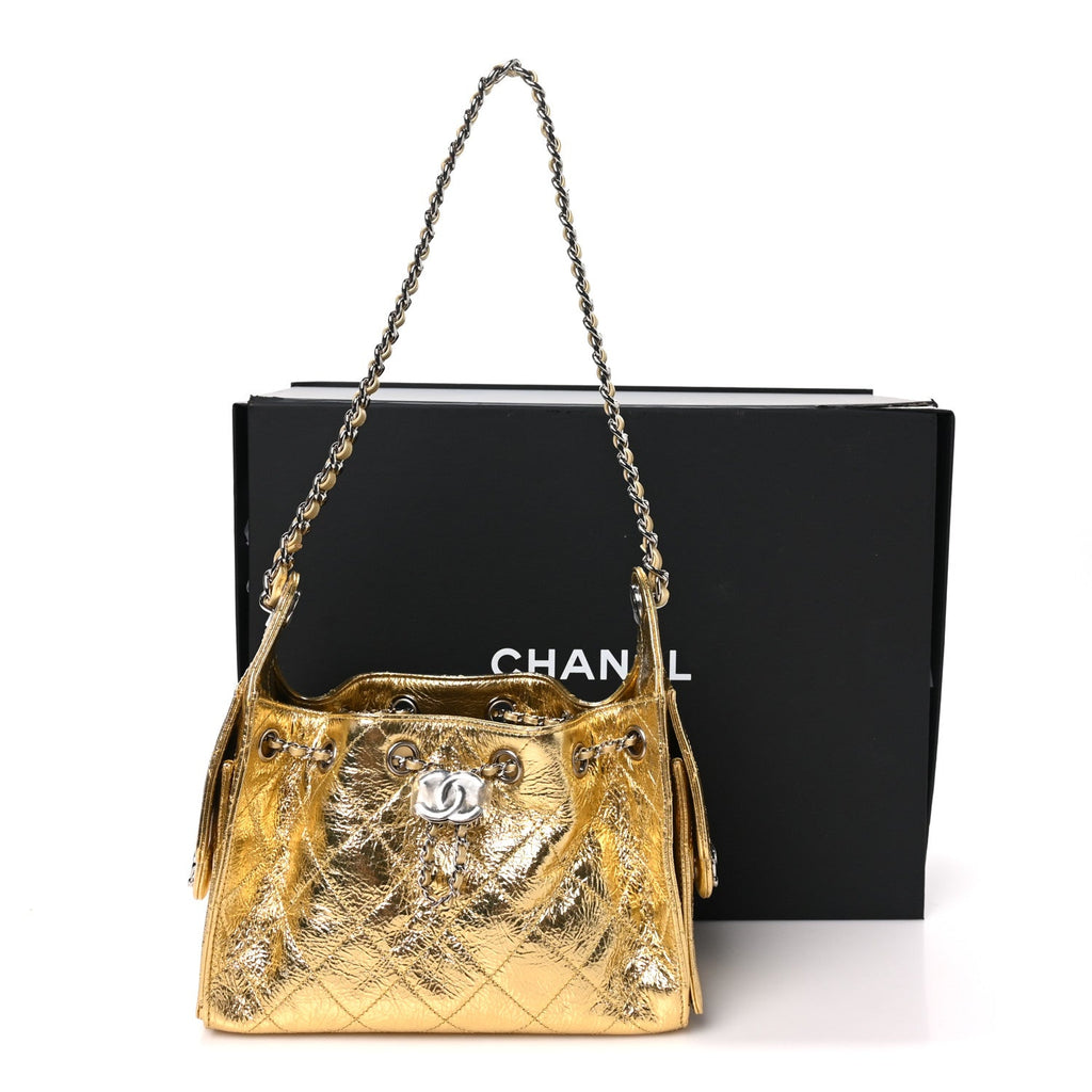 Metallic Aged Calfskin Quilted Mini Chanel 25 Handbag Gold
