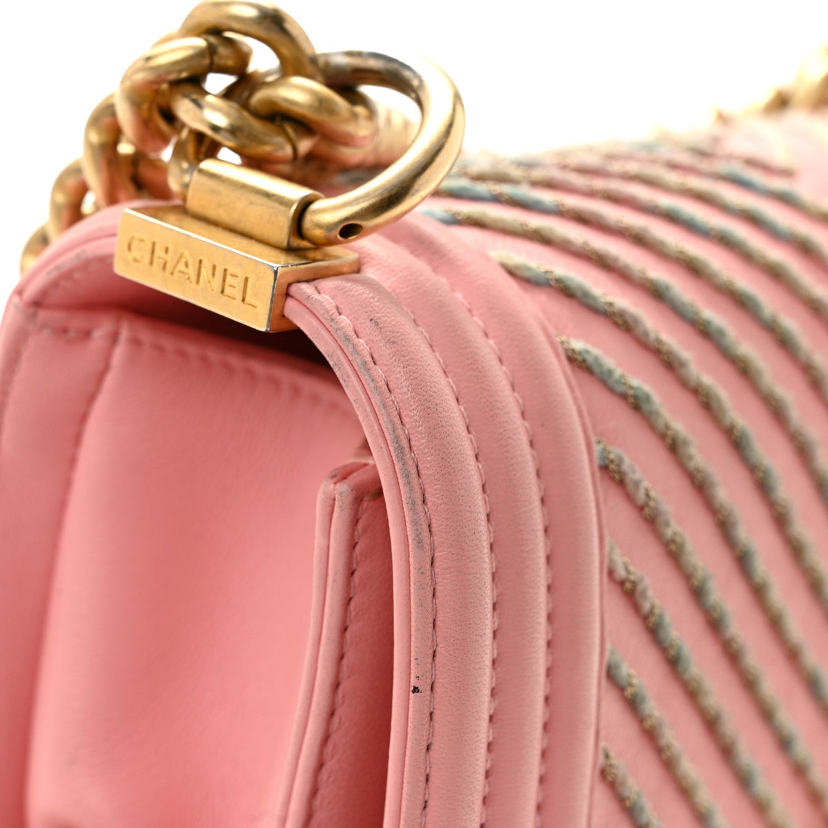 Calfskin Chevron Embroidered Small Boy By The Sea Flap Pink