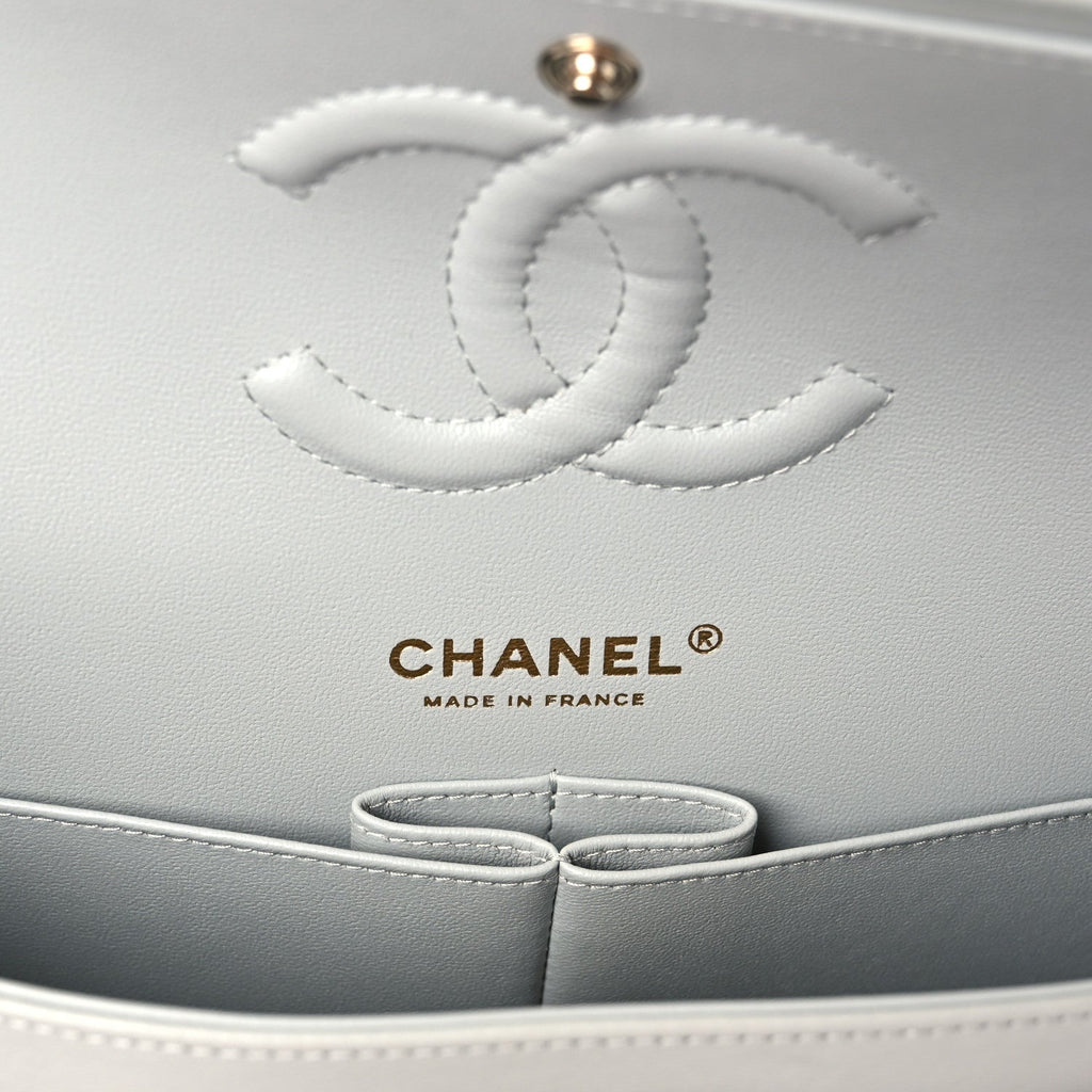 Lambskin Quilted Medium Double Flap Light Grey
