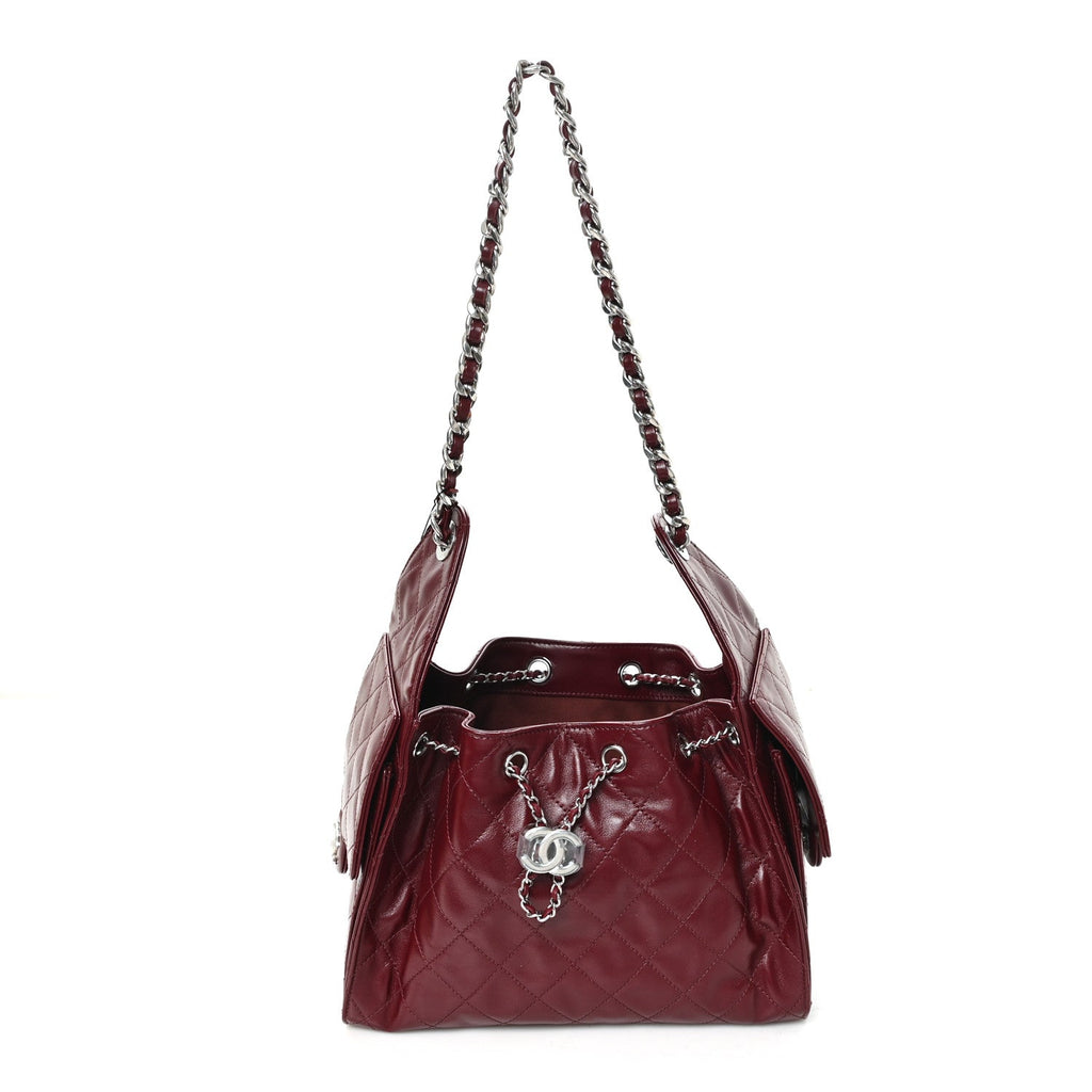 Shiny Crumpled Calfskin Quilted Small Chanel 25 Handbag Burgundy