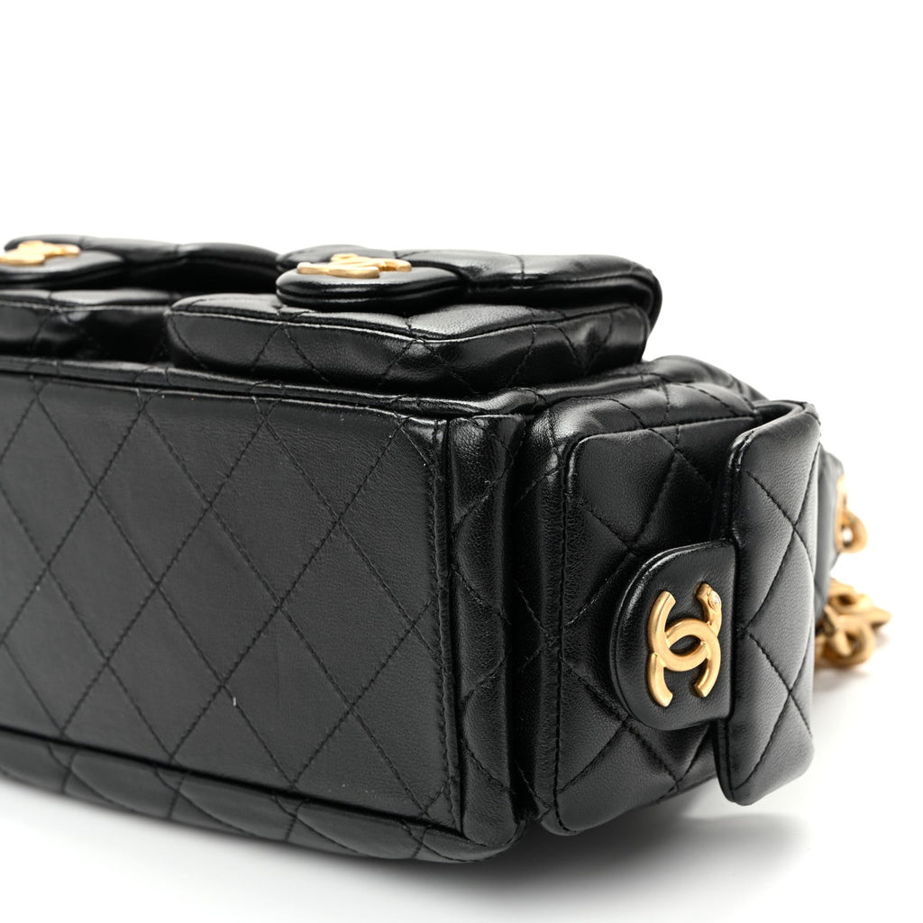 Shiny Lambskin Quilted Trendy Pockets Hobo Black