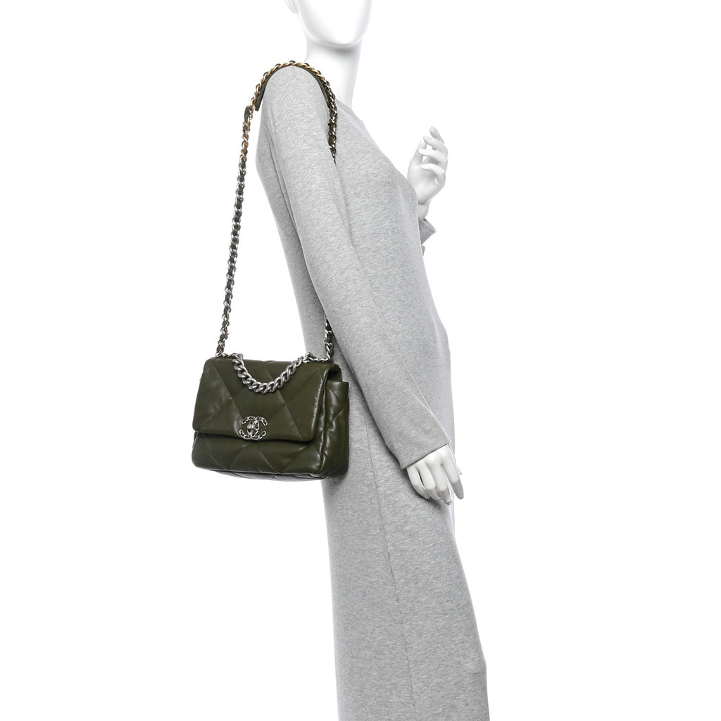 Lambskin Quilted Medium Chanel 19 Flap Khaki