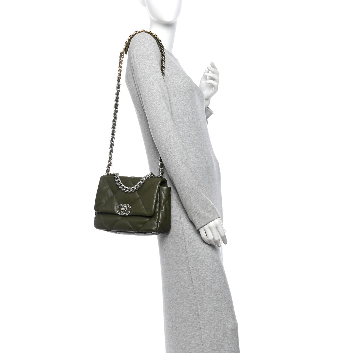 Lambskin Quilted Medium Chanel 19 Flap Khaki