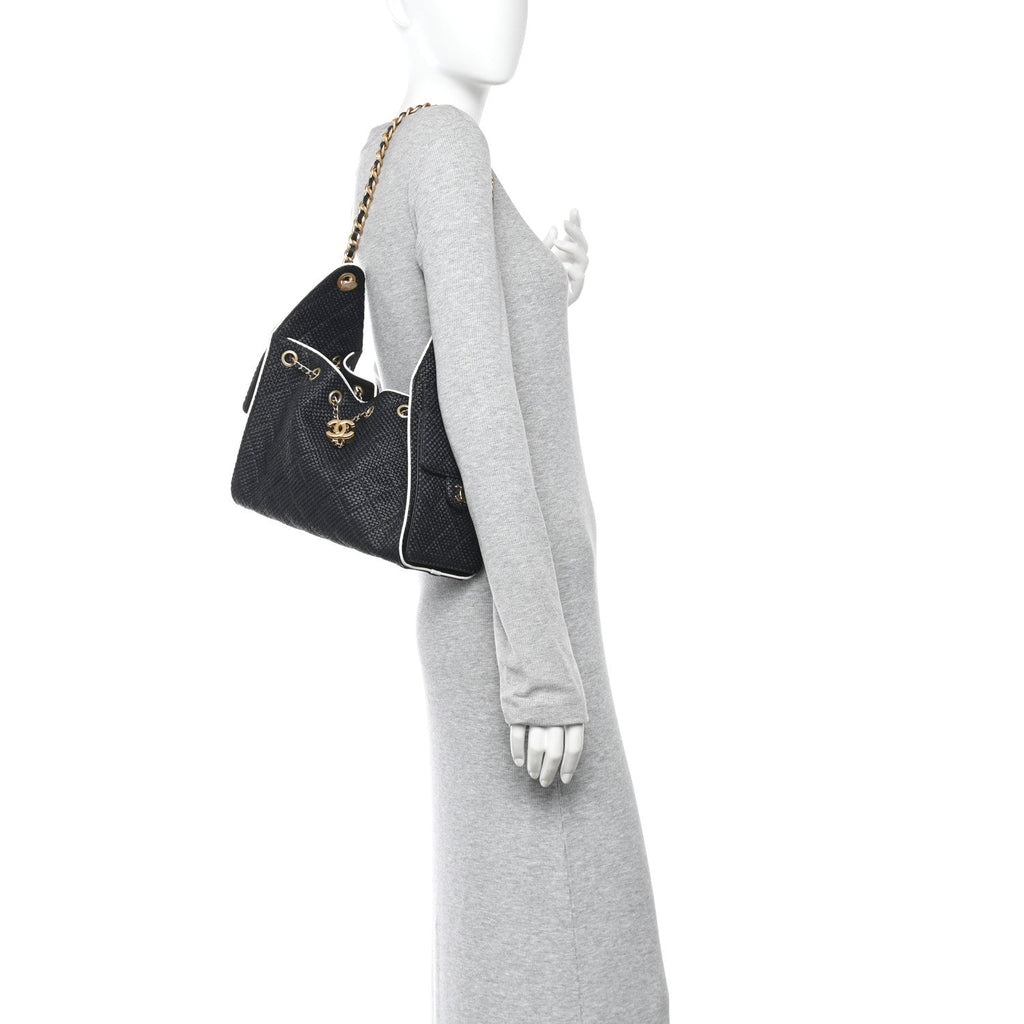 Braided Raffia Calfskin Small Chanel 25 Handbag Black White