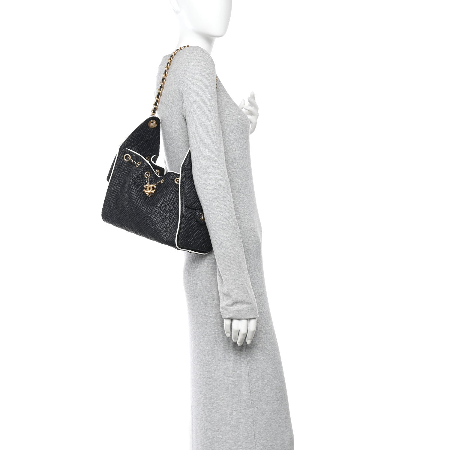 Braided Raffia Calfskin Small Chanel 25 Handbag Black White