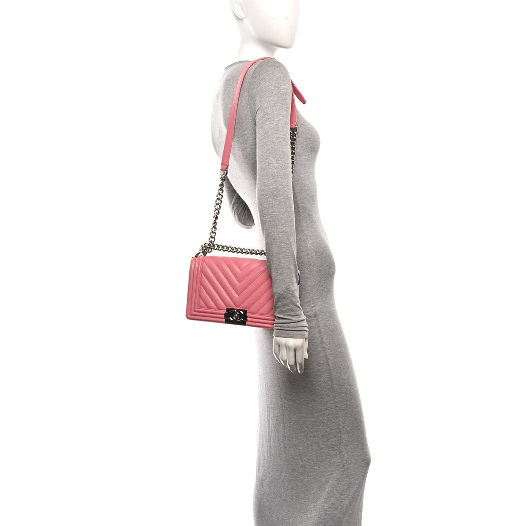 Caviar Chevron Quilted Medium Boy Flap Pink