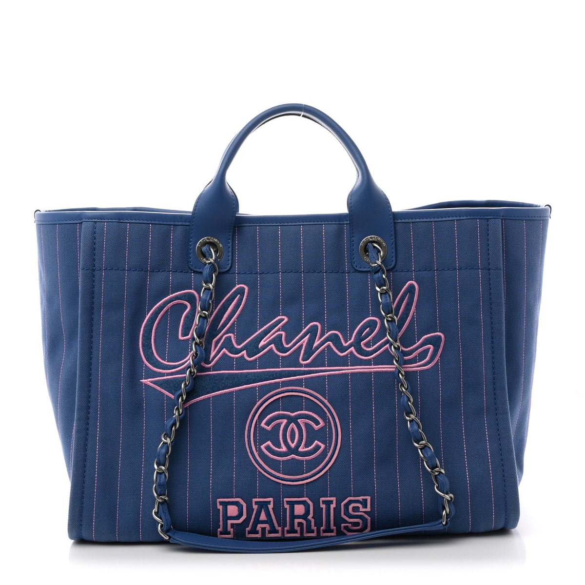 Canvas Calfskin Striped Medium Deauville Tote Blue