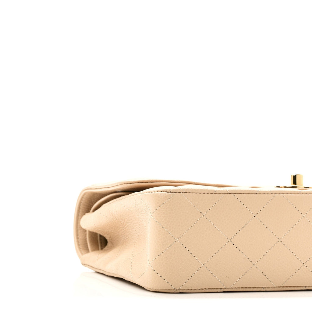 Caviar Quilted Medium Double Flap Beige
