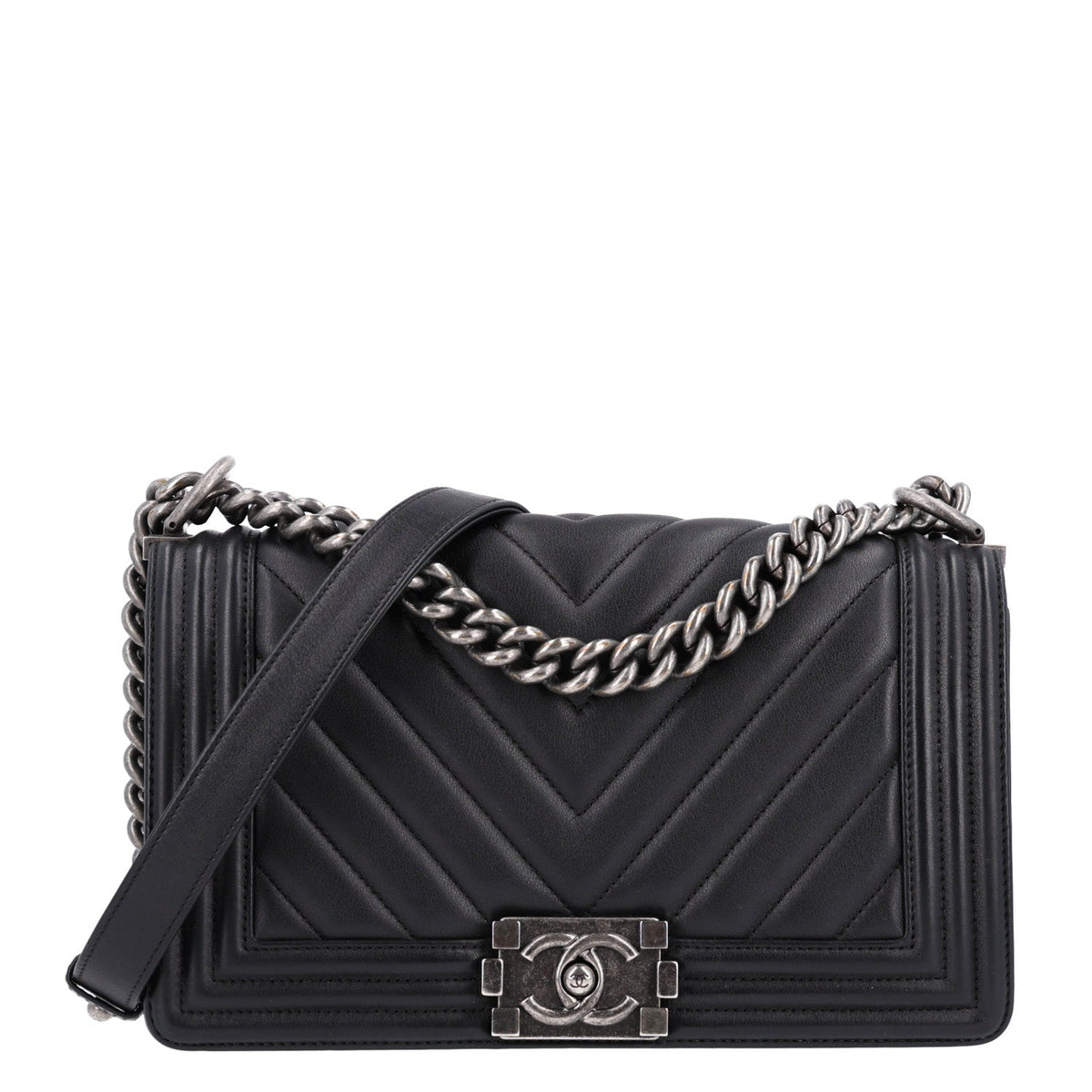 Lambskin Chevron Quilted Medium Boy Flap Black