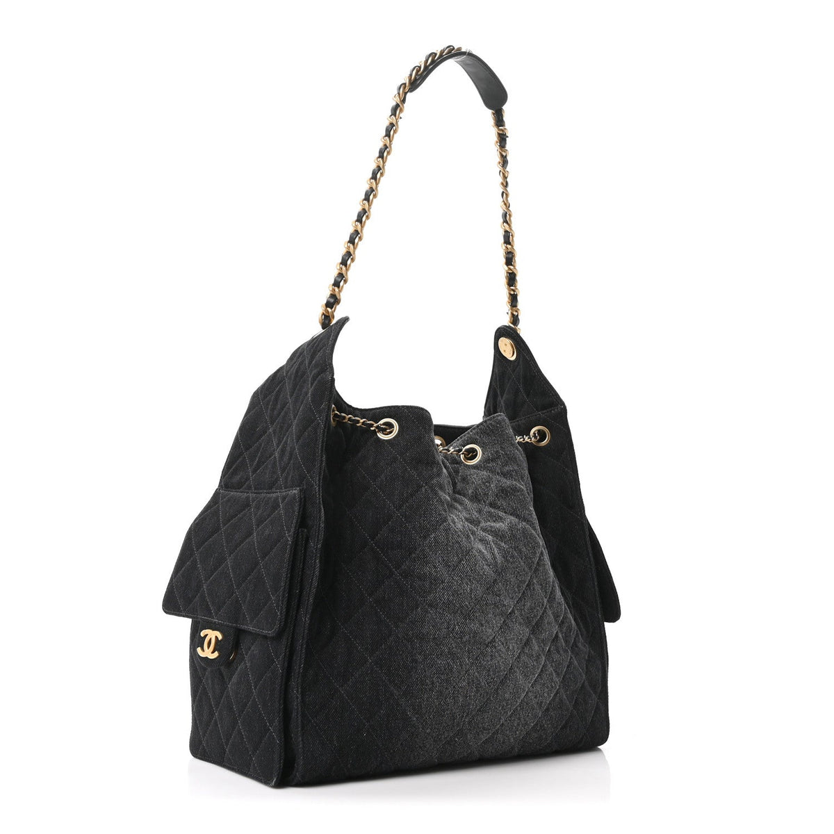 Washed Denim Quilted Medium Chanel 25 Handbag Black