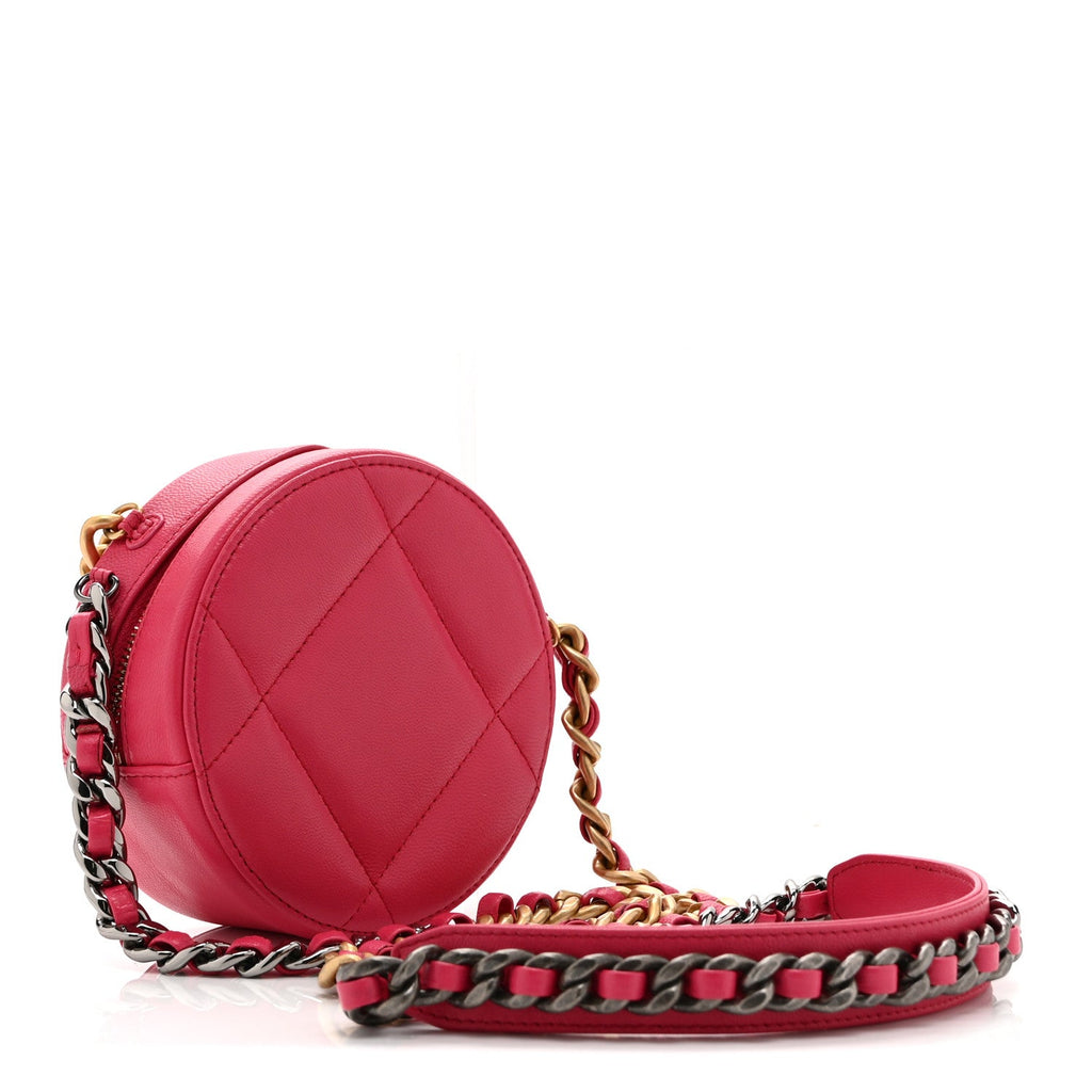 Lambskin Quilted Chanel 19 Round Clutch With Chain Pink