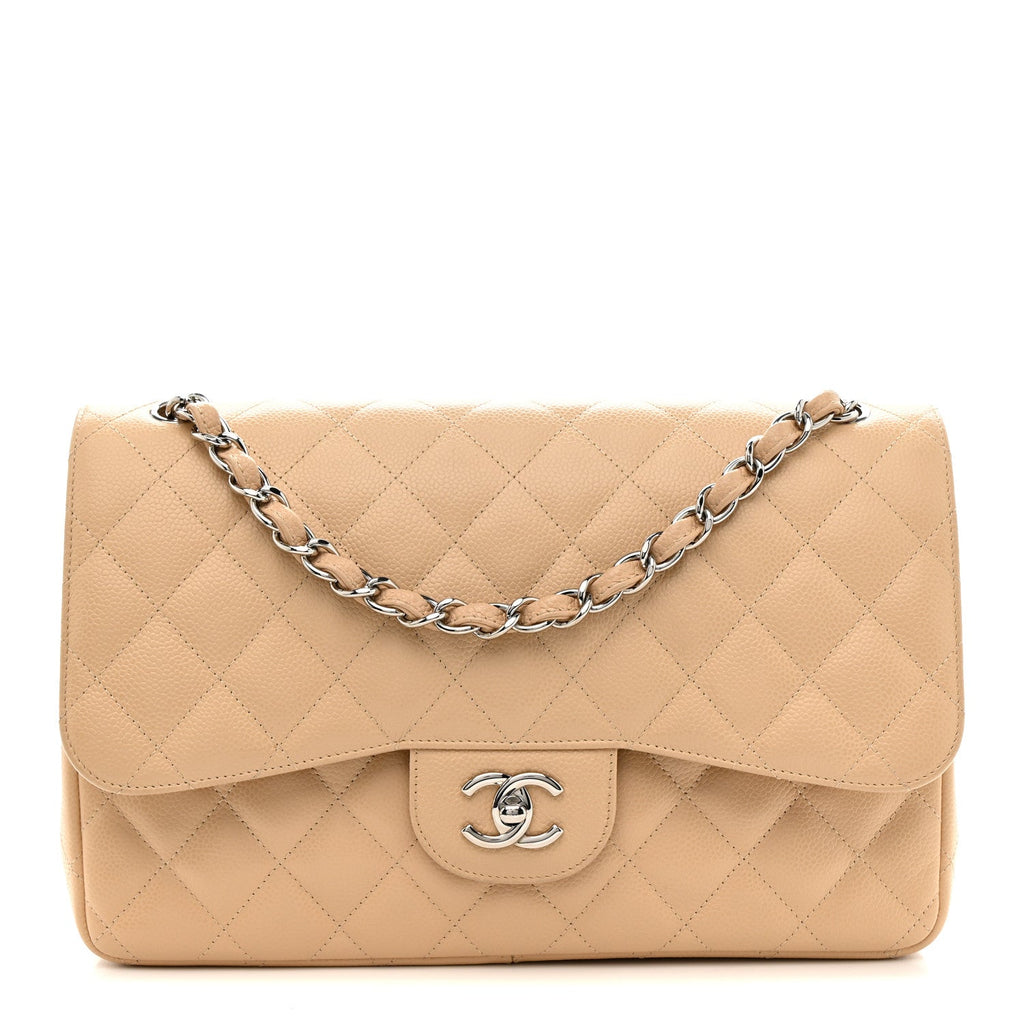 Caviar Quilted Jumbo Double Flap Light Beige