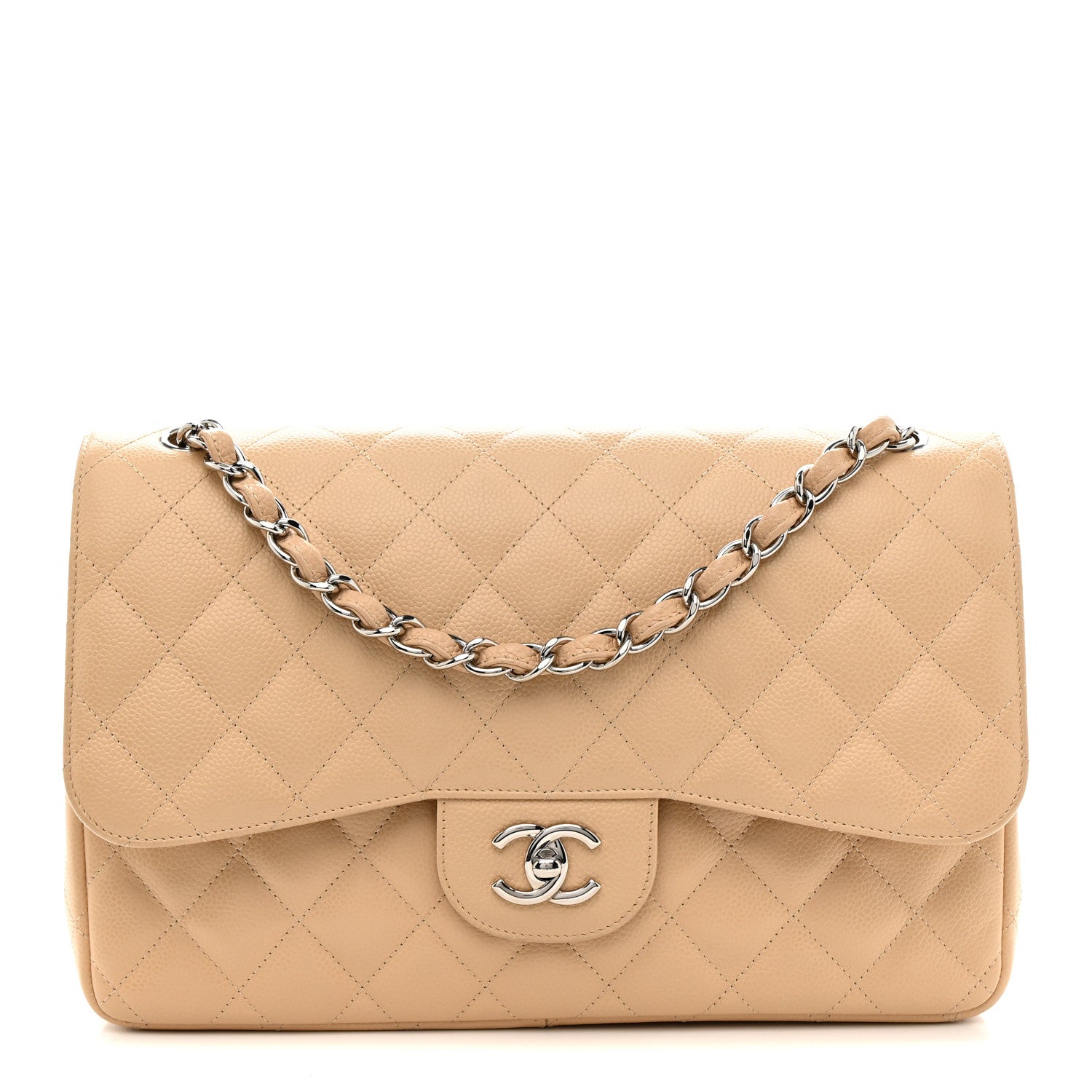 Caviar Quilted Jumbo Double Flap Light Beige