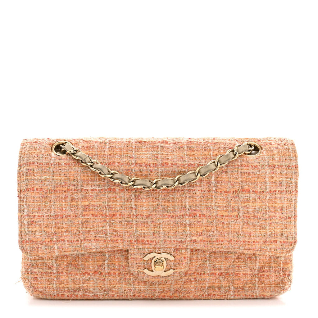 Tweed Quilted Medium Double Flap Orange Beige Multicolor