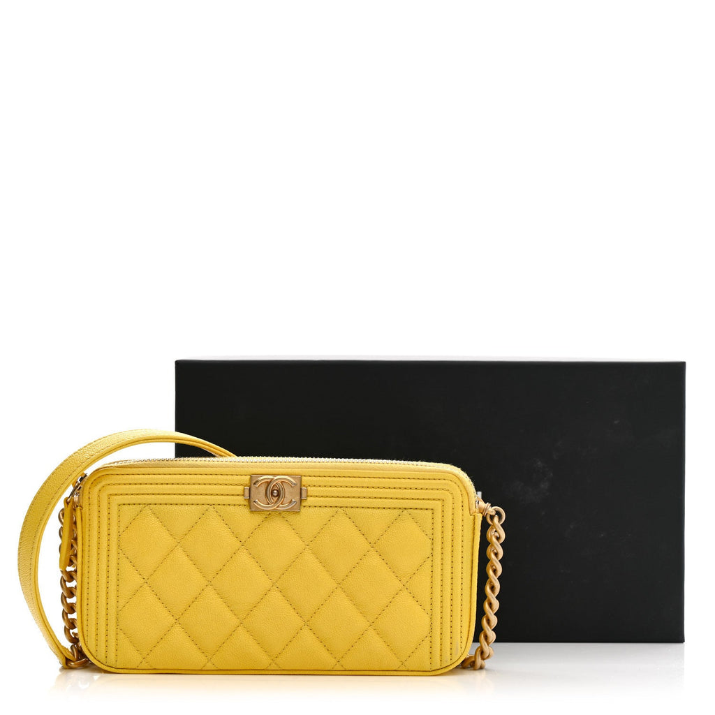 Caviar Quilted Small Boy Clutch With Chain Yellow