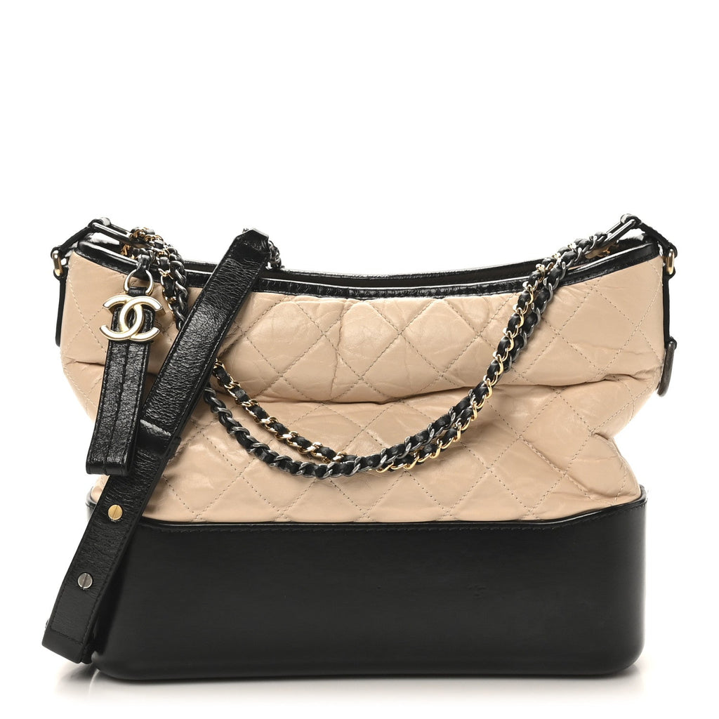 Aged Calfskin Quilted Medium Gabrielle Hobo Beige Black