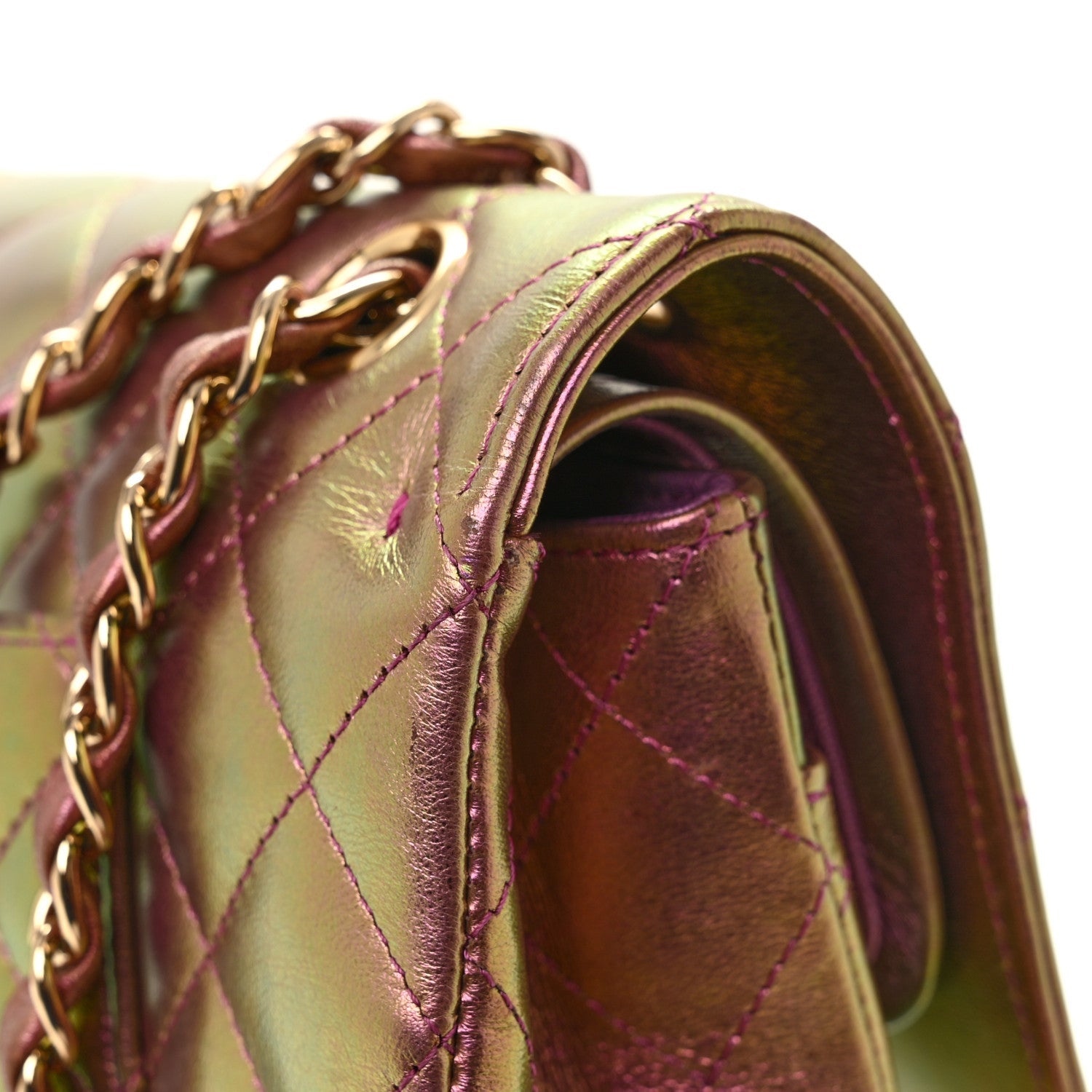 Iridescent Lambskin Quilted Medium Double Flap Purple