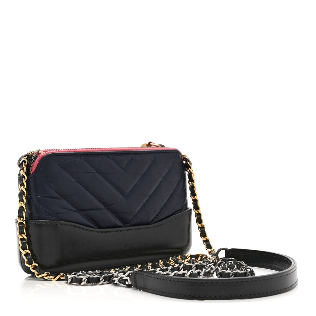 Aged Calfskin Chevron Quilted Small Gabrielle Clutch With Chain  Navy Black Pink