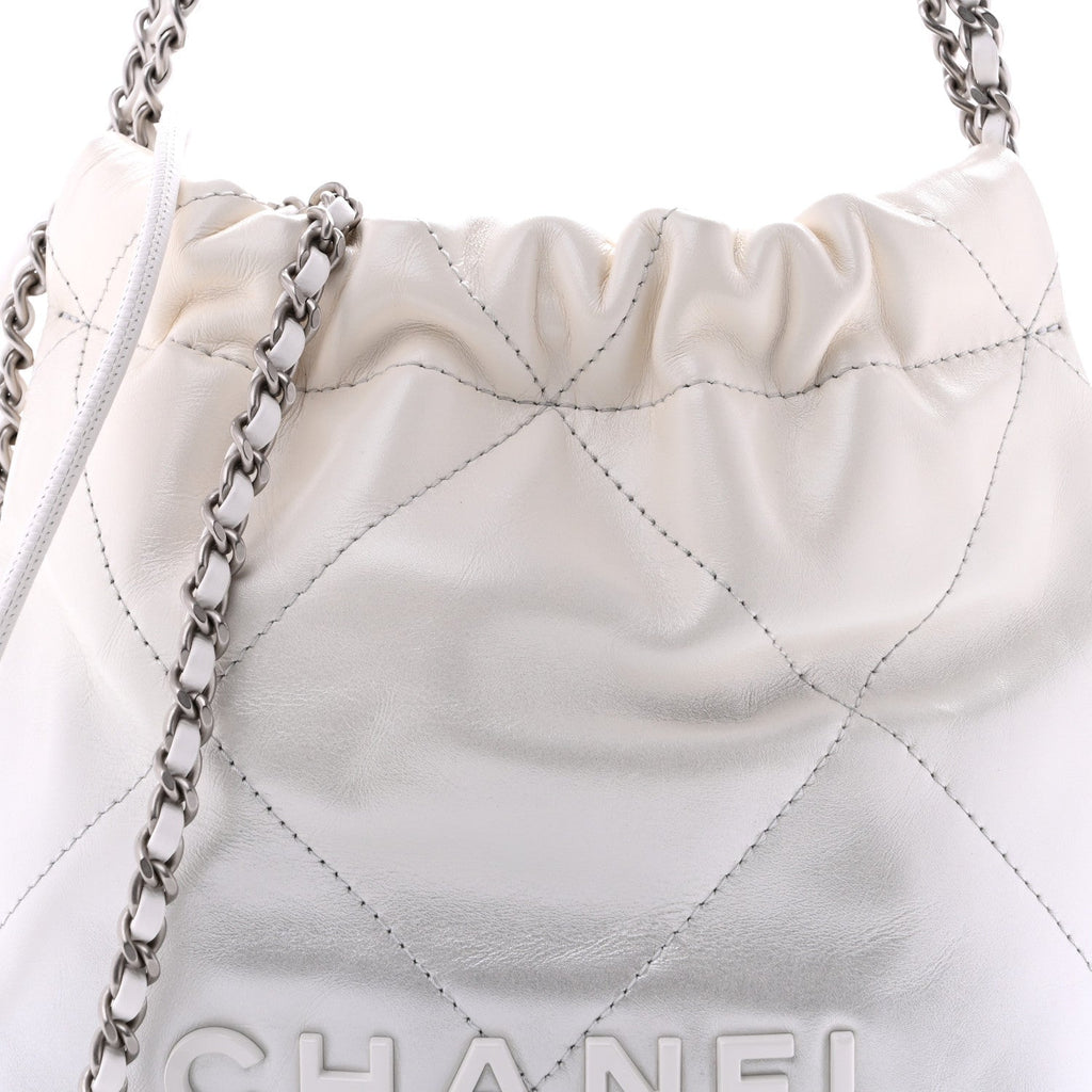 Metallic Shaded Calfskin Quilted Mini Chanel 22 White Silver