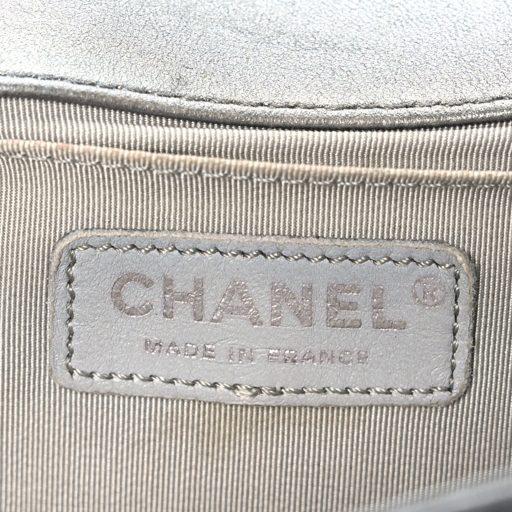 Metallic Lambskin Glass Pearl Embroidered Small Boy Flap  Silver