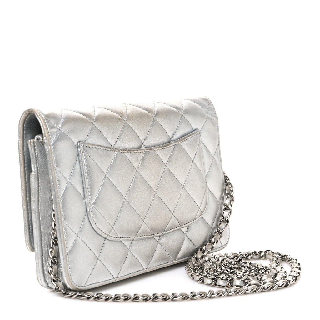 Metallic Lambskin Quilted Wallet On Chain WOC Silver