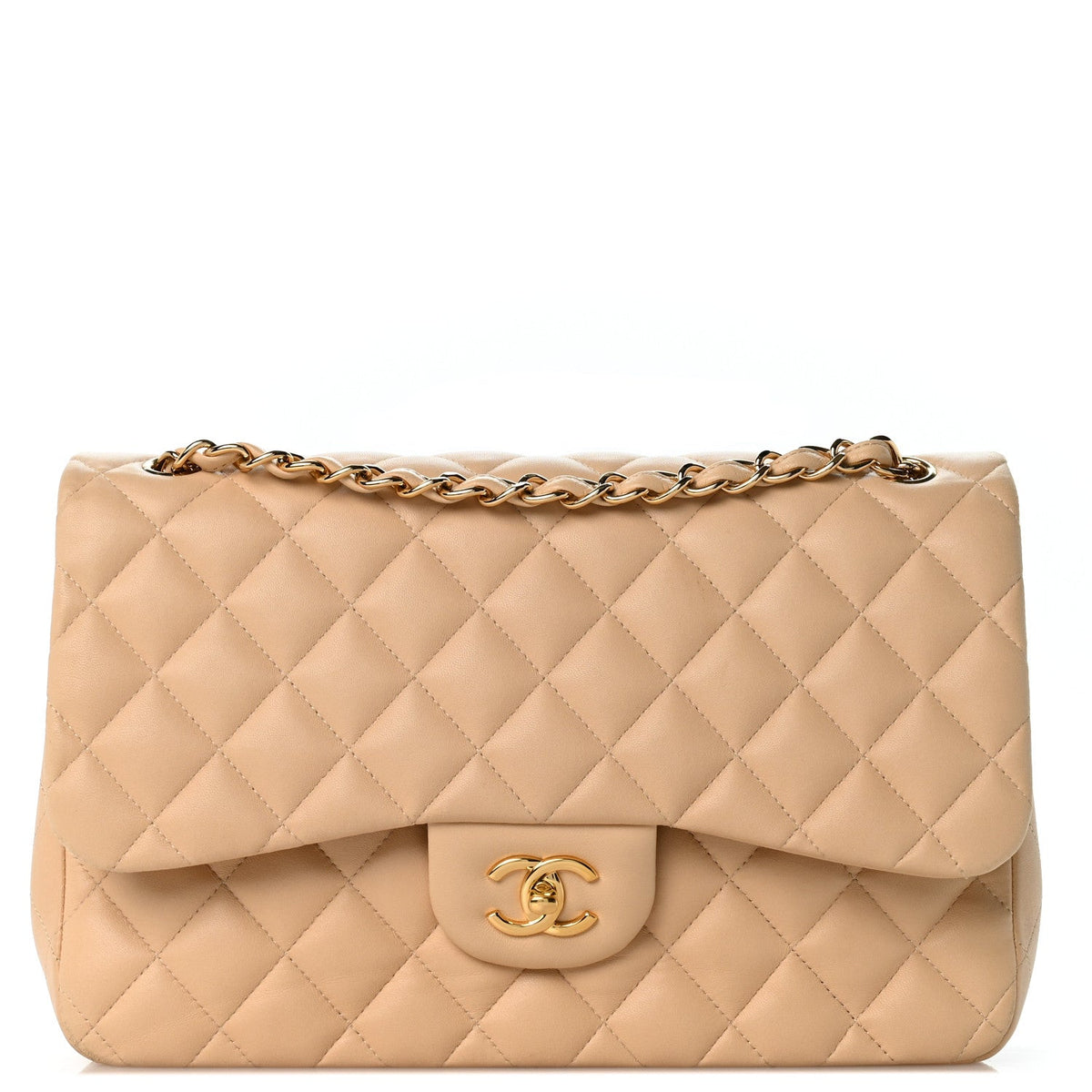 Lambskin Quilted Jumbo Double Flap Light Beige