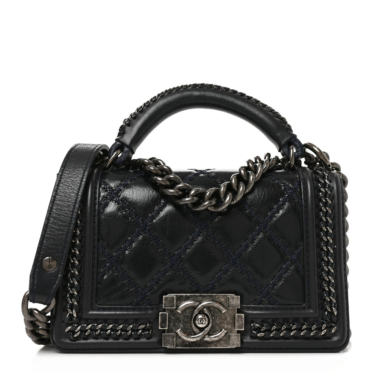 Shiny Goatskin Quilted Small Boy Top Handle Flap Navy Blue