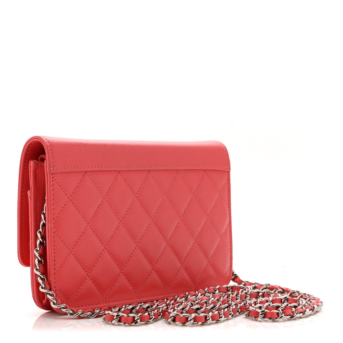 Grained Calfskin Quilted CC Box Wallet On Chain WOC Pink