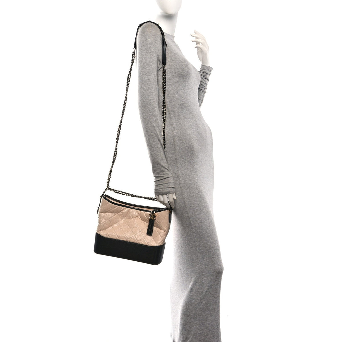 Aged Calfskin Quilted Medium Gabrielle Hobo Beige Black