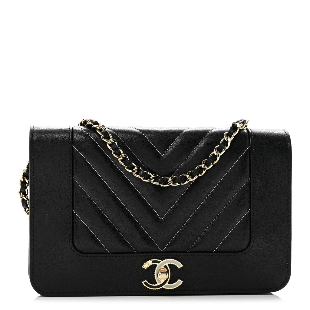 Caviar Sheepskin Chevron Quilted Vintage Mademoiselle Wallet On Chain WOC Black