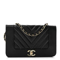 Caviar Sheepskin Chevron Quilted Vintage Mademoiselle Wallet On Chain WOC Black