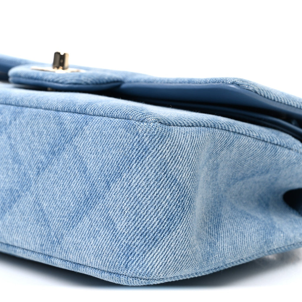 Printed Denim Quilted Small Double Flap Light Blue
