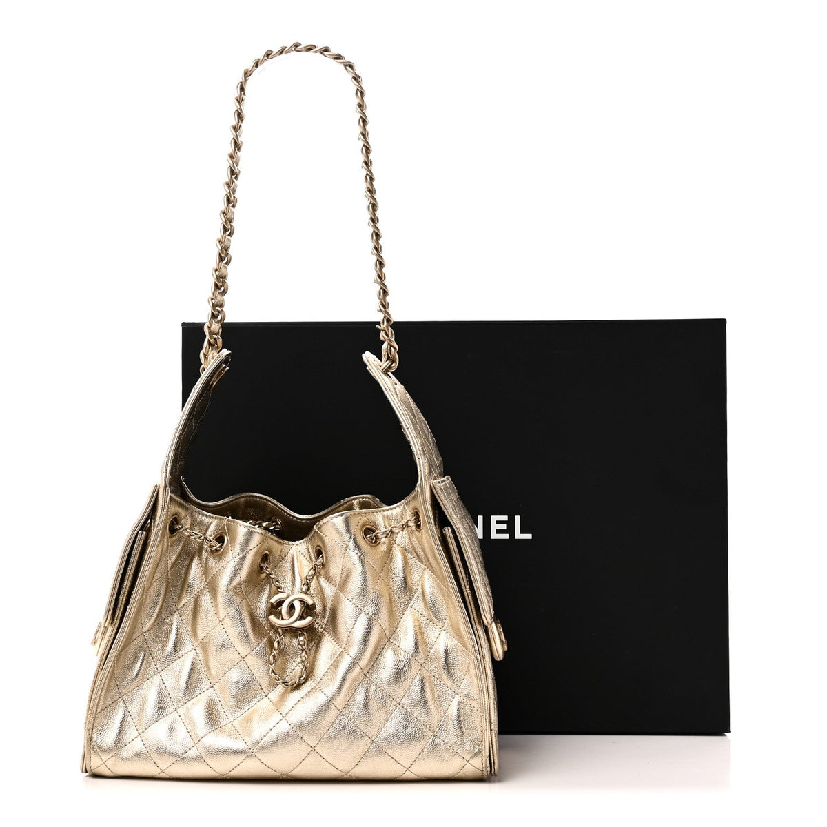 Metallic Caviar Quilted Small Chanel 25 Handbag Gold