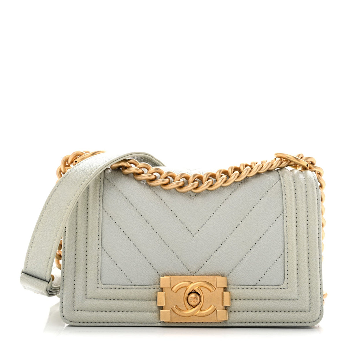 Caviar Chevron Quilted Small Boy Flap Light Grey