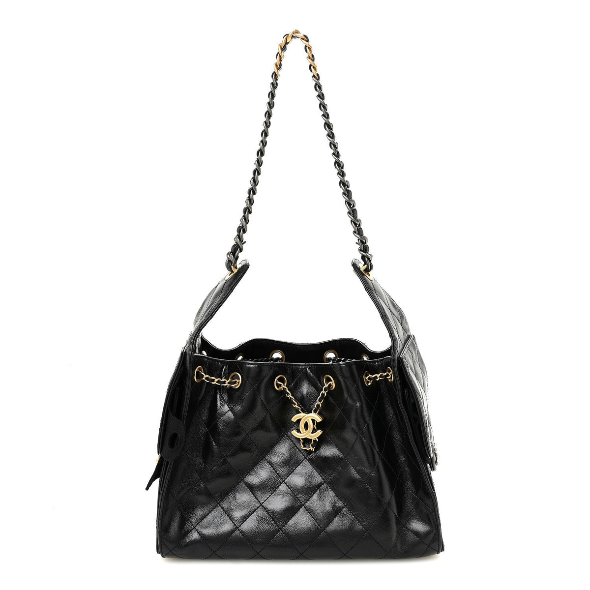 Shiny Crumpled Calfskin Quilted Small Chanel 25 Handbag Black