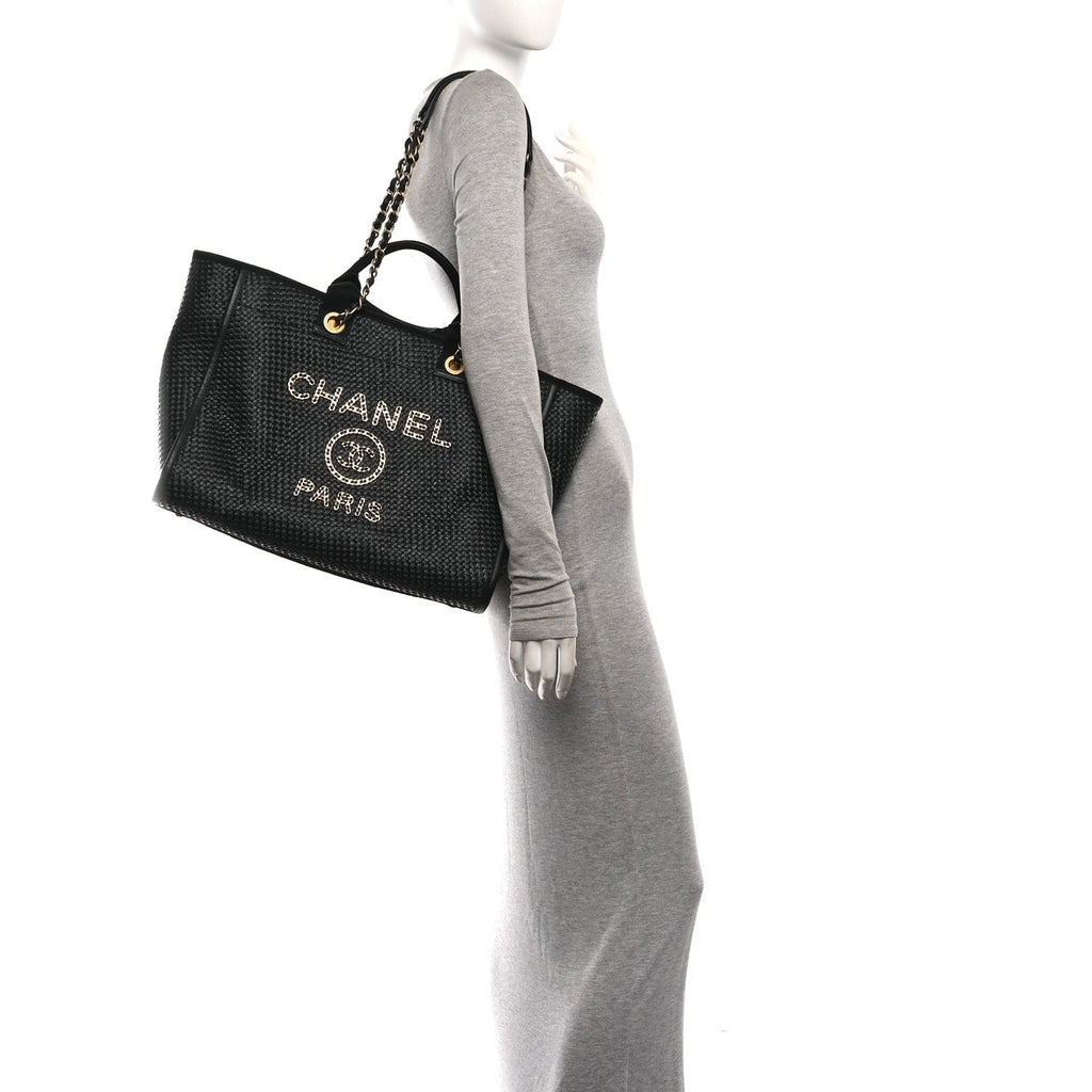 Straw Raffia Calfskin Chain Medium Deauville Tote Black