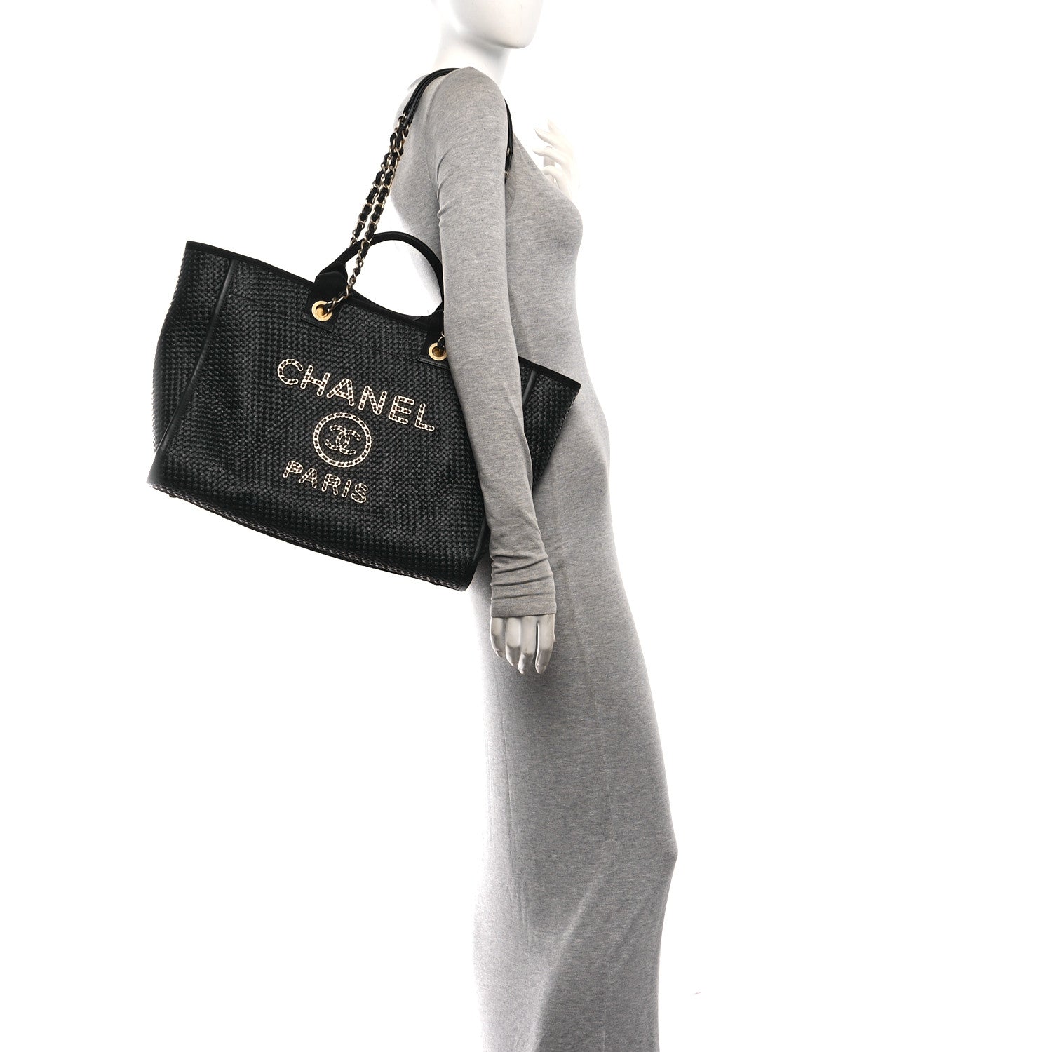 Straw Raffia Calfskin Chain Medium Deauville Tote Black
