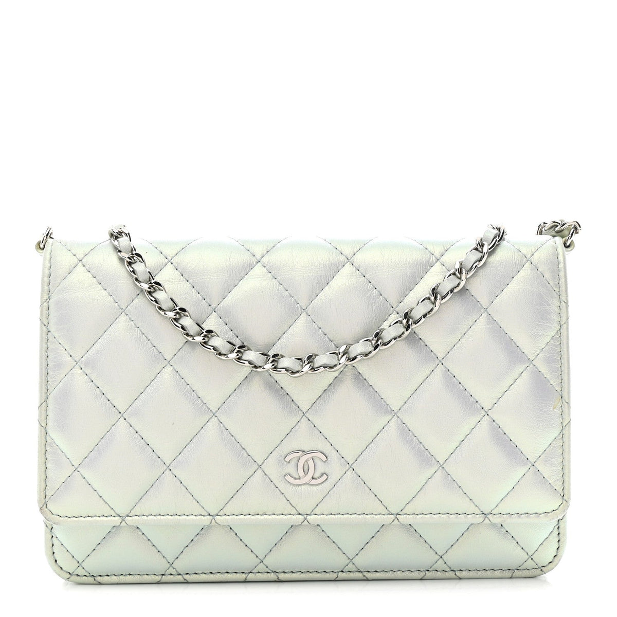 Iridescent Calfskin Quilted Wallet On Chain WOC Light Blue