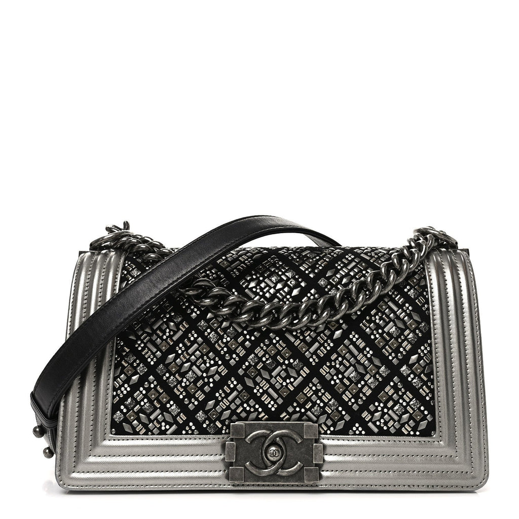 Jersey Embroidered Medium Boy Flap Black Silver Black Silver