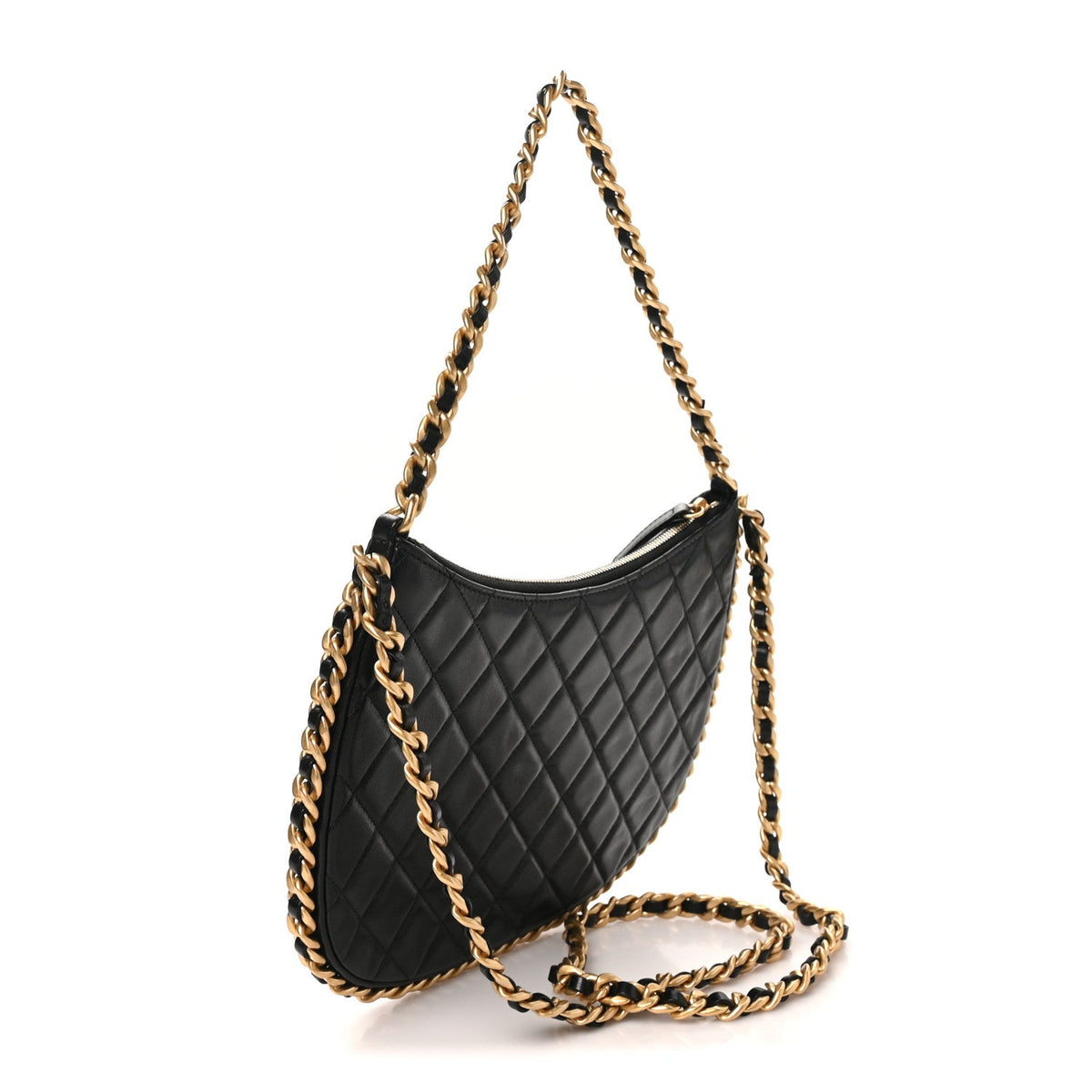 Shiny Crumpled Lambskin Quilted Large Trendy Chain Around Hobo Black
