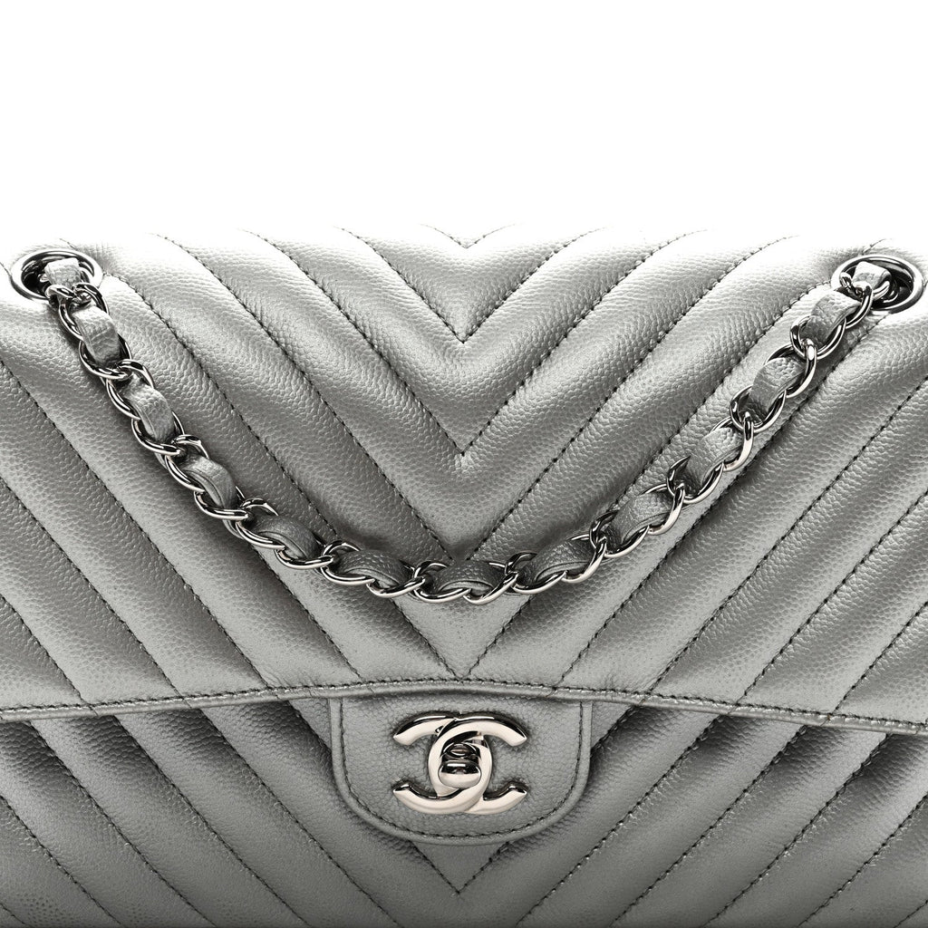 Metallic Caviar Chevron Quilted Medium Double Flap Silver