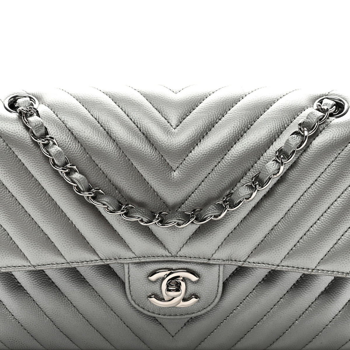 Metallic Caviar Chevron Quilted Medium Double Flap Silver