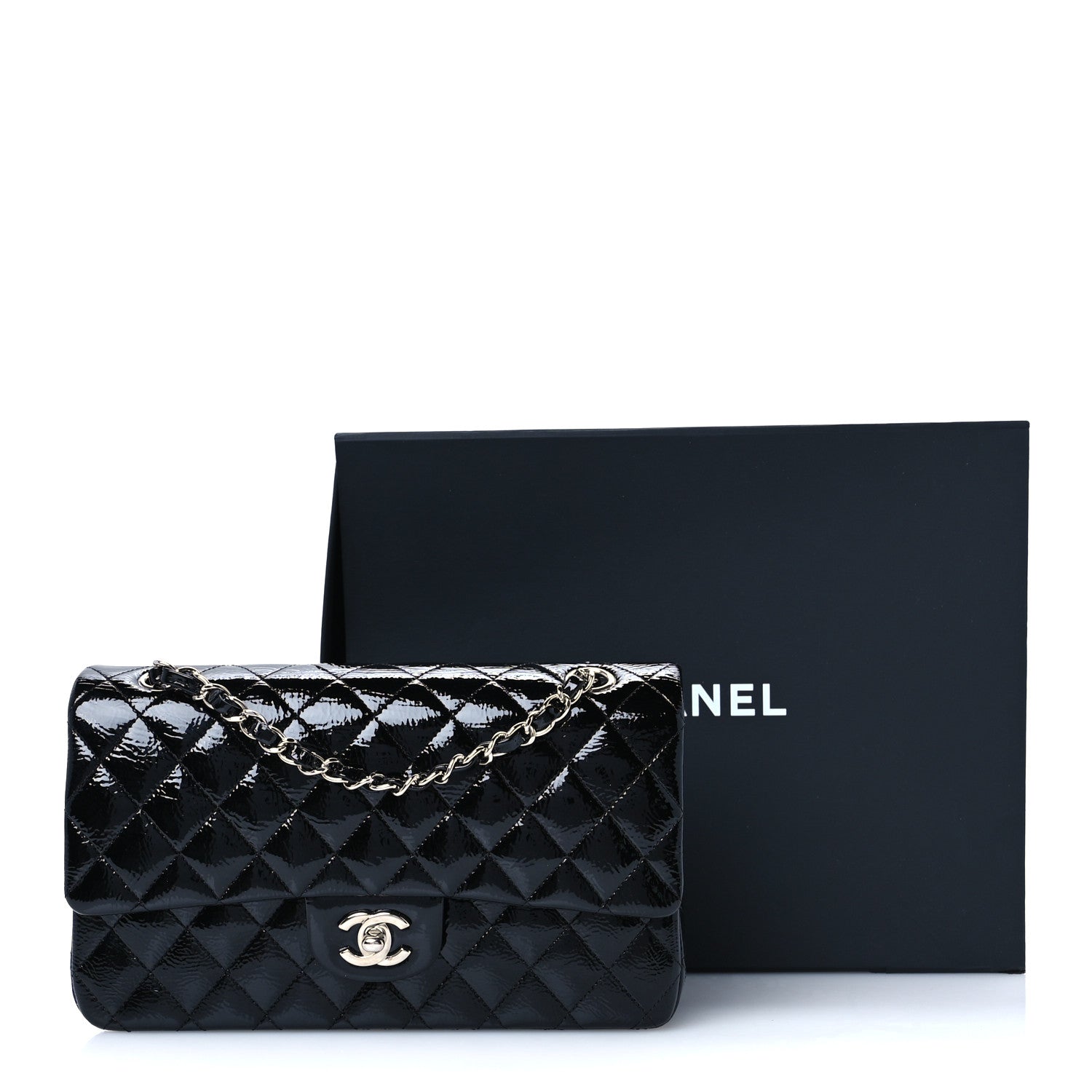 Distressed Patent Quilted Medium Double Flap Black